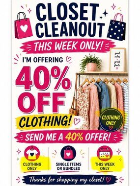 I'm offering 40% OFF clothing this week! 👗👚👖